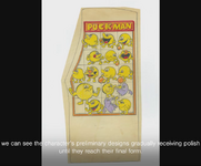 Early designs of the side cabinet artwork for Pac-Man from Tadashi Yamashita from the 11th and final episode of "NAMCO MUSEUM of ART", showcasing a cabinet artwork draft featuring an early design of Pac-Man.