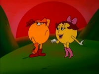 Pac-Man and Ms. Pac-Man discussing dinner.