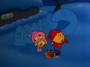 The Snow-Pac-Man about to chomp the Snow-Ghost Monsters.