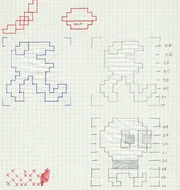 Production sketches of the main character "Otto" from Crazy Otto (1981), the character that would evolve into Ms. Pac-Man. The bottom right sketch is for a character from Atari's Food Fight.
