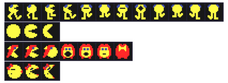 Sprites of Ms. Pac-Man for the following versions of Ms. Pac-Man from top to bottom: Otto in Crazy Otto, Pac-Man in Super Pac-Man, Pac-Woman, and Ms. Pac-Man.
