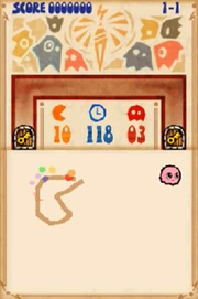 Screenshot from the game's first page. The Nintendo DS' touch screen is used to draw Pac-Man than come to life and eat ghosts.