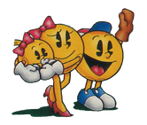 Ms. Pac-Man with her children, Jr. Pac-Man & Baby Pac-Man.