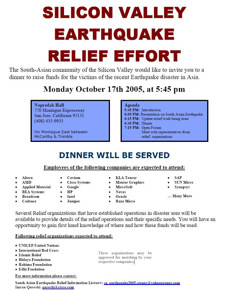 Silicon Valley Earthquake Relief Effort fundraiser on October 17, 2005