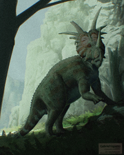 Artwork of old bull Styracosaurus at his territory