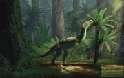 Illustration of Effigia eating on a rainy season