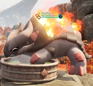 A Reptyro using the Hot Spring by soaking its front feet.