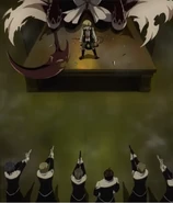 Pandora's member pointing guns Oz & Alice in her B-Rabbit form