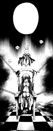 Alice chained on a chair with the white rabbit above