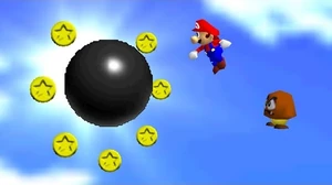 The moment Mario ascends the goomba staircase to collect the 5th secret as the bowling ball hits him.