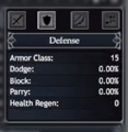 The Defense attributes tab of the Character Sheet