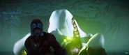 The glowing green eyes of the guard robot in Panzer Dragoon: Remake.