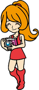 WWMI Mona with a camera smiling and without a fur coat ponytail