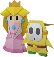 Origami Peach alongside a yellow origami Shy Guy.