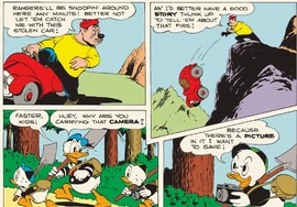 La forma trapezoidale del secondo pannello a destra dove il cattivo distrugge la  (teorico veicolo di salvataggio), punta su Qui e la macchina foto di Paperino (effettivo strumento per la loro salvezza).