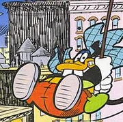 L' Imbianchino Mascherato, mentre volteggia per Paperopoli urlando il suo grido da battaglia.