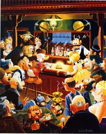 Barksolio21.jpg (178 KB) Altro quadro di Carl Barks che ritrae il giovane Paperone che mostra ai cercatori la Pepita Uovo d'Anatra