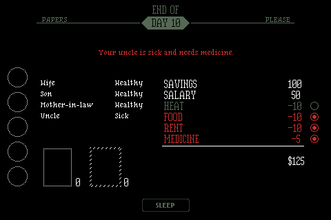 End of day screen, Papers Please Wiki