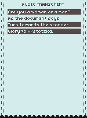 Interrogation transcripts, Papers Please Wiki