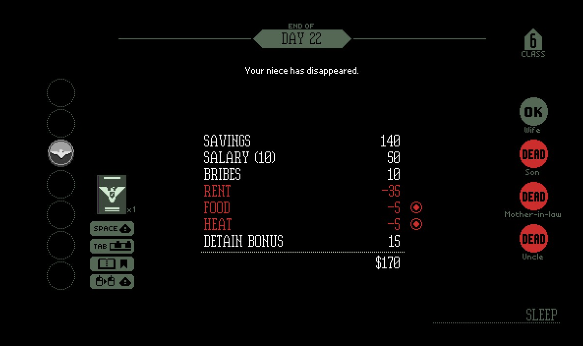 End of day screen, Papers Please Wiki