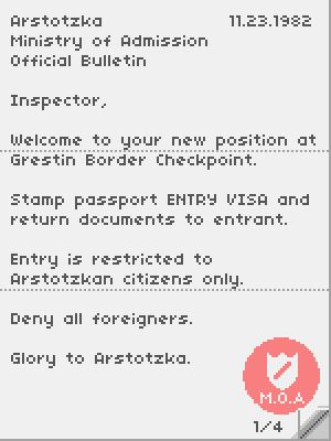 Official Bulletin Papers Please Wiki Fandom - how to get guns in east grestin border on roblox