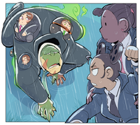 Agent Popova's nested selves glued to Agent Stuck's body, as he climbs down the Mayview Barrier just after facing King Catnine. (Chapter 7, Page 75)