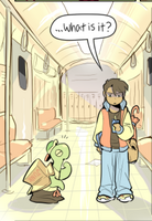 Another instance of Flipflop's world, where the school hallway is the inside of a subway. (Chapter 5, Page 289)