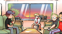 Max, Isabel, Ed, and Mr. Spender sitting in the clubroom. (Chapter 1, Page 63)
