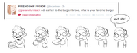 A Twitter sketch of Ed eating a burger and not answering the question the user posed. (Q&A Tweet)