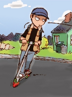 Max riding his scooter to school. (Chapter 1, Page 17)