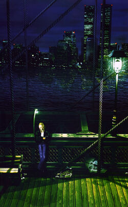Aya on the Brooklyn Bridge with the Twin Towers in the distance.