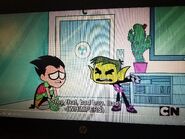 Beast Boy yelling at Robin for trying to pee in the corner like a dog