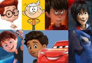 Sherman, Lincoln Loud, Ted, Hiro Hamada, Mike Goldwing, Alex (The Emoji Movie), Lightning McQueen and Blu