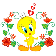 Tweety bird cartoon image with flowers