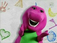 Barney Says and Let's Play with Barney- Barney says his line in a white background with flashing paint-like patterns