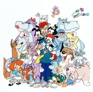 Steven Spielberg with the cast of Tiny Toons and Animaniacs, including Elmyra Duff
