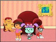Marshall's Clues - The living room, with Marshall as Blue, Dora as Steve, Daizy as Joe, and Binyah Binyah Polliwog as Sidetable Drawer