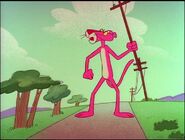 Pink panther holds a telephone wire
