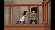 Riley and Huey fightin with swords and chairs