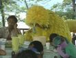 Big Bird, Mickey, Rusty and the rest of the campers resting at the dinner table