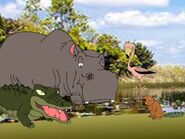 A crocodile, a hippopotamus, a flamingo and a beaver sensed Riley and his friends arrived at The Forest of Life