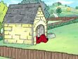 Clifford The Big Red Dog was sleeping in the doghouse