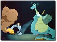 The Reluctant Dragon and Sir Giles faking the fight