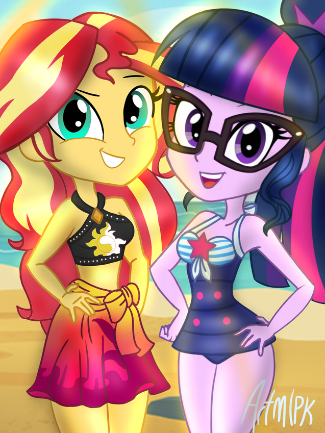 Sci-Twi and Sunset in swimsuit