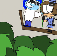 Ape Sadness helping Callie Splits swing on a vine picture