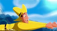 A Man with a Yellow Hat flies with balloons and a kite to go rescue George