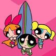 Powerpuff Girls standing near the surfboard