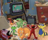 Dewitt, Cera, Elmo, Wince, Petrie, Spike (The Land Before Time), and Rosie the Engine watching Knick Knack on Andy's TV