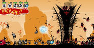 Promotional artwork featuring the Karmen against the Patapons. Hero Mode is also viewed.