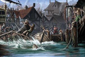 A bunyip attacks in Riddleport's harbour